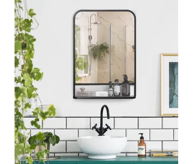 HOMCOM Espejo Decorativo de Pared 50x70 cm Espejo Rectangular de Acero con Estante de Almacenamiento para Salón Dormitorio...