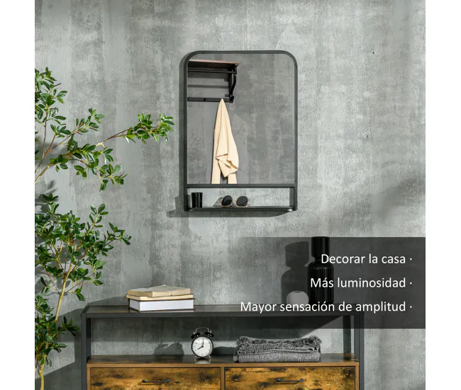HOMCOM Espejo Decorativo de Pared 50x70 cm Espejo Rectangular de Metal con Estante de Almacenamiento para Salón Dormitorio...