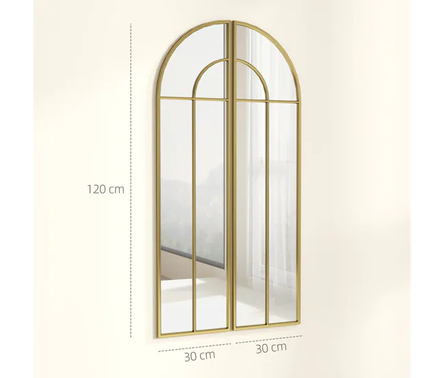 HOMCOM Espejo Decorativo de Pared de 2 Piezas 30x120 cm Espejo de Ventana con Diseño en Arco y Marco de Metálico Espejo pa...