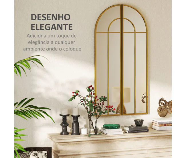 HOMCOM Espejo Decorativo de Pared de 2 Piezas 30x120 cm Espejo de Ventana con Diseño en Arco y Marco de Metálico Espejo pa...