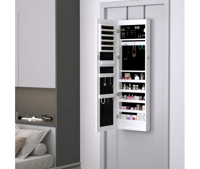 HOMCOM Espejo Joyero Colgante de Pared o Puerta con LED 5 Estantes 2 Cajones Pequeños Espejo Armario Montado con Cerradura...