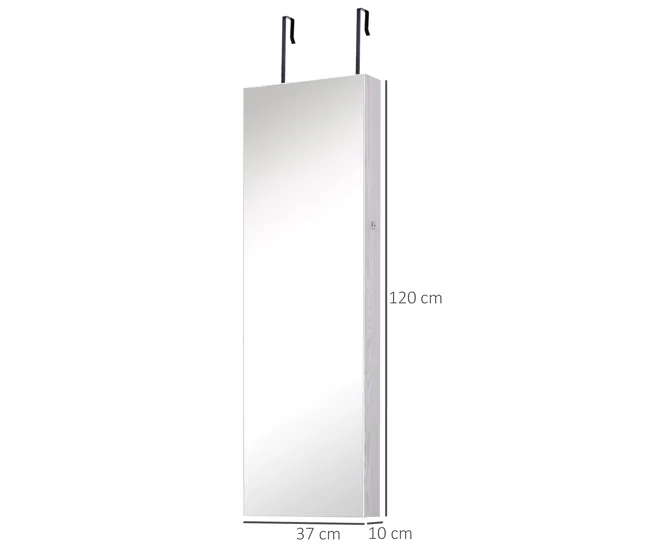 HOMCOM Espejo Joyero Colgante de Pared o Puerta con LED 5 Estantes 2 Cajones Pequeños Espejo Armario Montado con Cerradura...