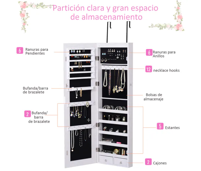 HOMCOM Espejo Joyero Colgante de Pared o Puerta con LED 5 Estantes 2 Cajones Pequeños Espejo Armario Montado con Cerradura...