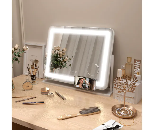 HOMCOM Espejo Maquillaje con Luz Espejo Tocador Giratorio 58x46 cm con 3 Modos de Iluminación Ajustables Interruptor Tácti...