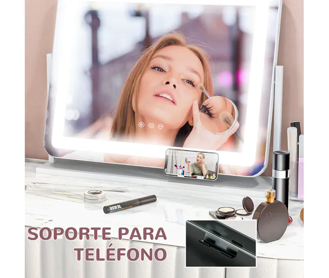 HOMCOM Espejo Maquillaje con Luz Espejo Tocador Giratorio 58x46 cm con 3 Modos de Iluminación Ajustables Interruptor Tácti...