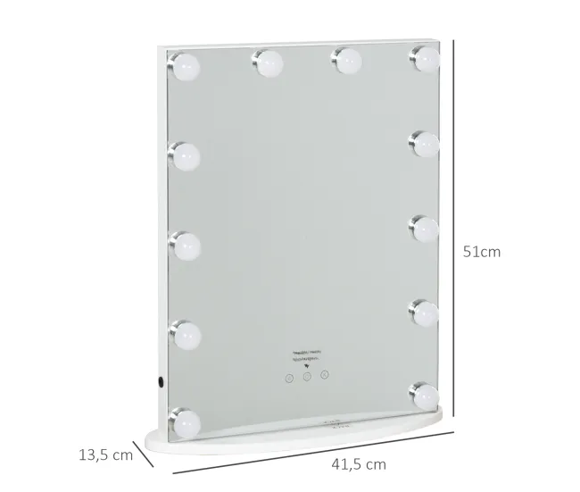 HOMCOM Espejo de Maquillaje Estilo Hollywood Espejo de Tocador con 12 Luces LED Ajustables en Brillo y Temperaturas de Col...