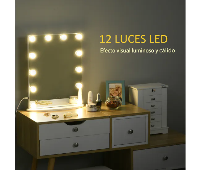 HOMCOM Espejo de Maquillaje Estilo Hollywood Espejo de Tocador con 12 Luces LED Ajustables en Brillo y Temperaturas de Col...