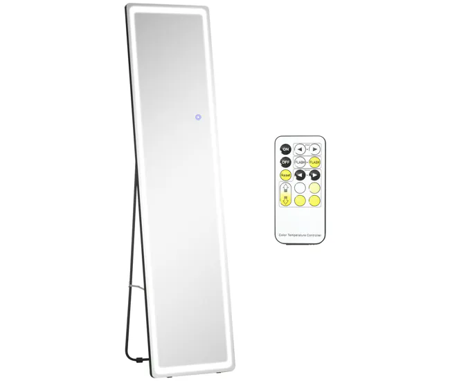 HOMCOM Espejo de Pared de Cuerpo Entero Espejo de Pie de Suelo con Luces LED Mando Distancia 3 Colores de Luz Ajustable Br...