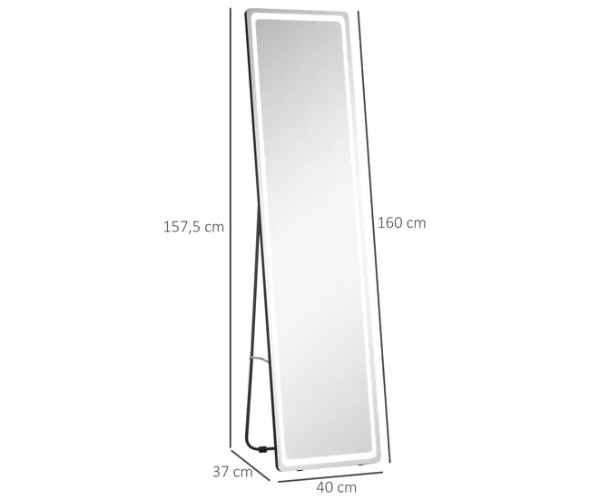HOMCOM Espejo de Pared de Cuerpo Entero Espejo de Pie de Suelo con Luces LED Mando Distancia 3 Colores de Luz Ajustable Br...
