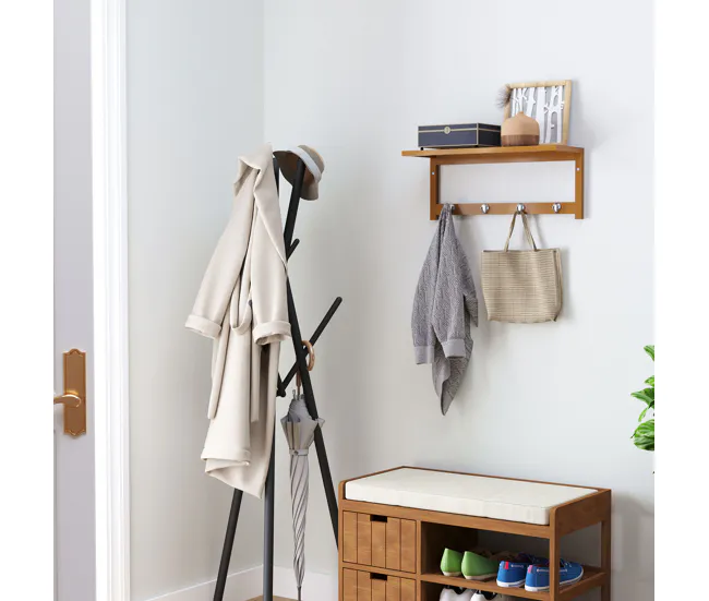 HOMCOM Perchero de Pared de Bambú Estante Toallero de pared 4 Ganchos para Entrada Salón Baño Pasillo Dormitorio 50x16x17,...
