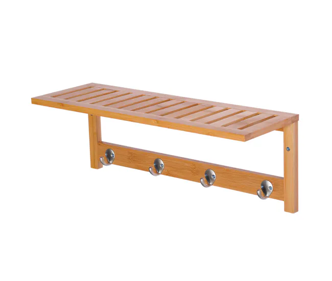 HOMCOM Perchero de Pared de Bambú Estante Toallero de pared 4 Ganchos para Entrada Salón Baño Pasillo Dormitorio 50x16x17,...