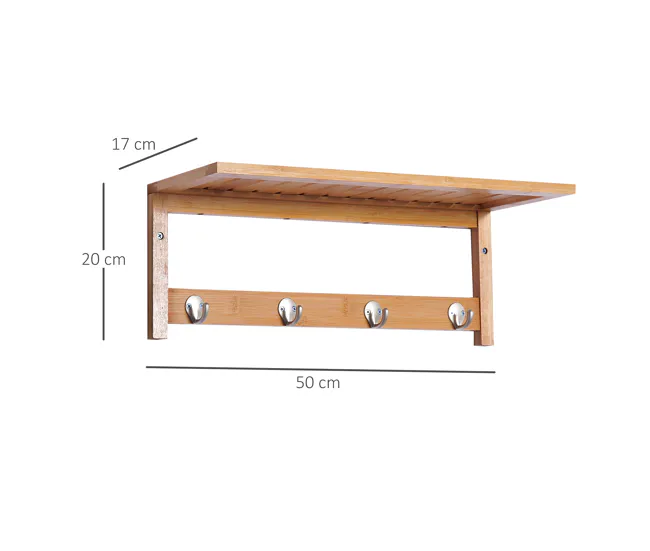 HOMCOM Perchero de Pared de Bambú Estante Toallero de pared 4 Ganchos para Entrada Salón Baño Pasillo Dormitorio 50x16x17,...