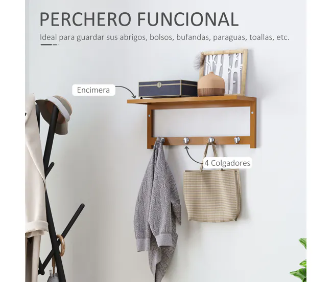 HOMCOM Perchero de Pared de Bambú Estante Toallero de pared 4 Ganchos para Entrada Salón Baño Pasillo Dormitorio 50x16x17,...