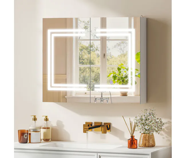 kleankin Armario de Baño con Espejo y Luz LED Mueble de Baño Colgante con 2 Puertas Estantes Ajustables Interruptor Táctil...