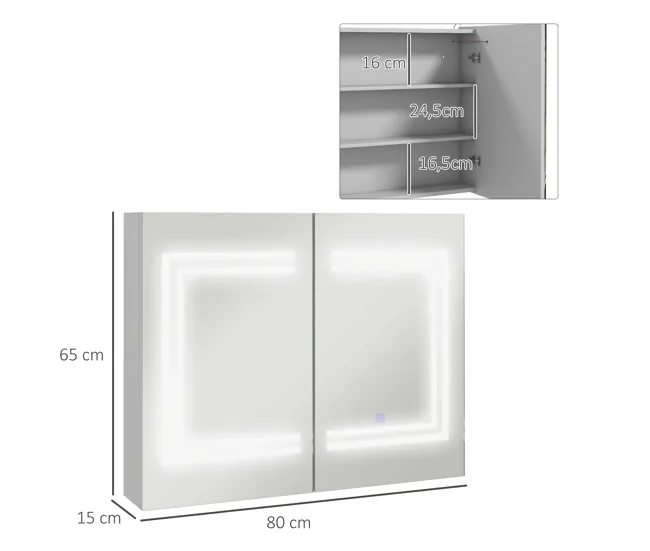 kleankin Armario de Baño con Espejo y Luz LED Mueble de Baño Colgante con 2 Puertas Estantes Ajustables Interruptor Táctil...