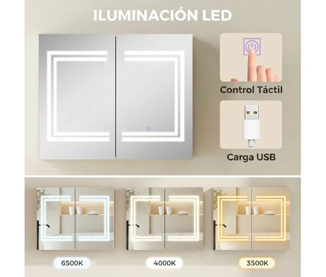 kleankin Armario de Baño con Espejo y Luz LED Mueble de Baño Colgante con 2 Puertas Estantes Ajustables Interruptor Táctil...