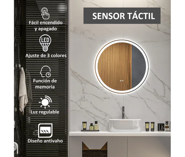 kleankin Espejo de Baño con Luces LED Ajustable Ø60 cm Espejo para Baño Redondo con Antivaho Función de Memoria e Interrup...