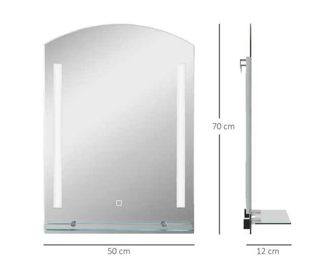 kleankin Espejo de Baño con Luces LED 70x50 cm Espejo para Baño con Interruptor Táctil Iluminación Regulable Función de Me...