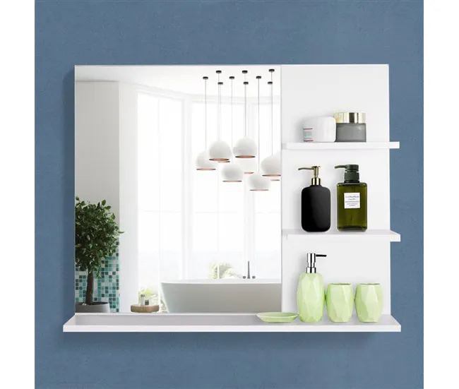 kleankin Espejo de Baño para Colgar en la Pared Espejo de Pared con 3 Estantes Incorporados 60x10x48 cm Blanco