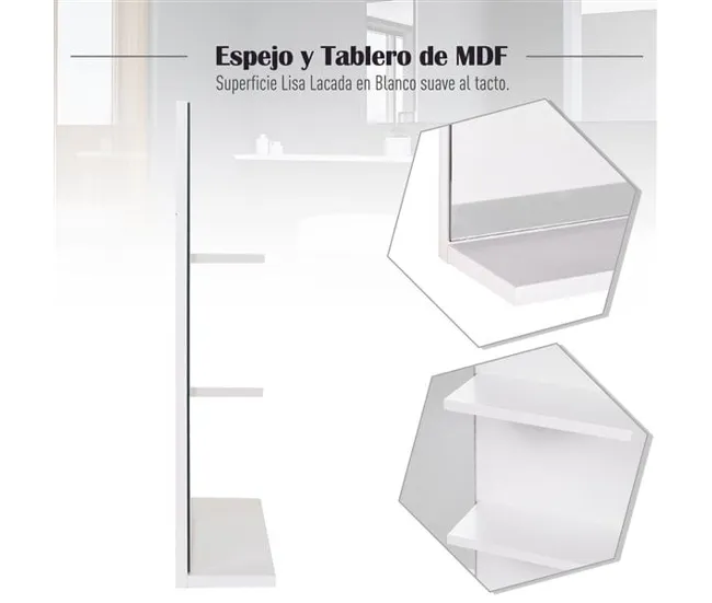 kleankin Espejo de Baño para Colgar en la Pared Espejo de Pared con 3 Estantes Incorporados 60x10x48 cm Blanco
