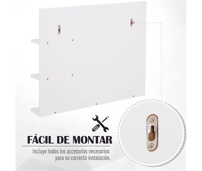 kleankin Espejo de Baño para Colgar en la Pared Espejo de Pared con 3 Estantes Incorporados 60x10x48 cm Blanco