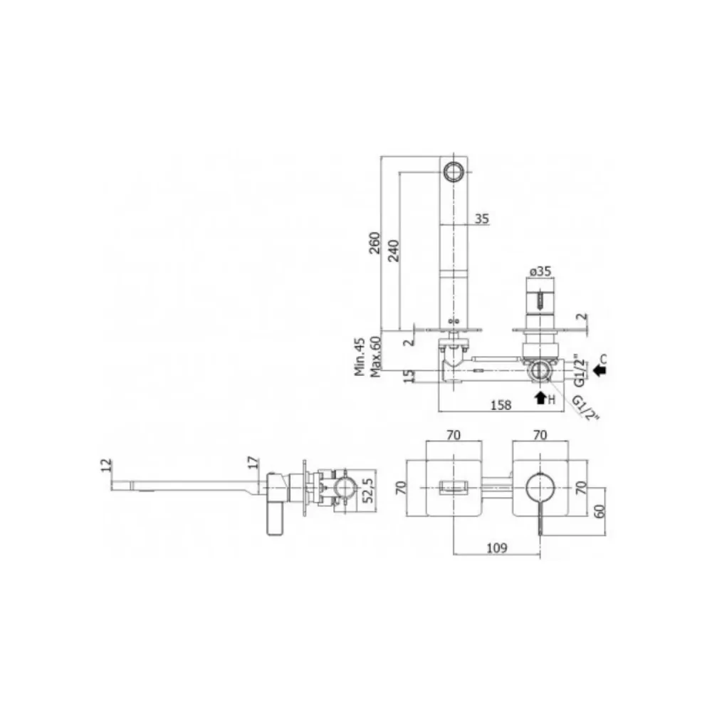 Mezclador de lavabo de pared serie Rock modelo RO106ST70 aspecto acero Paffoni