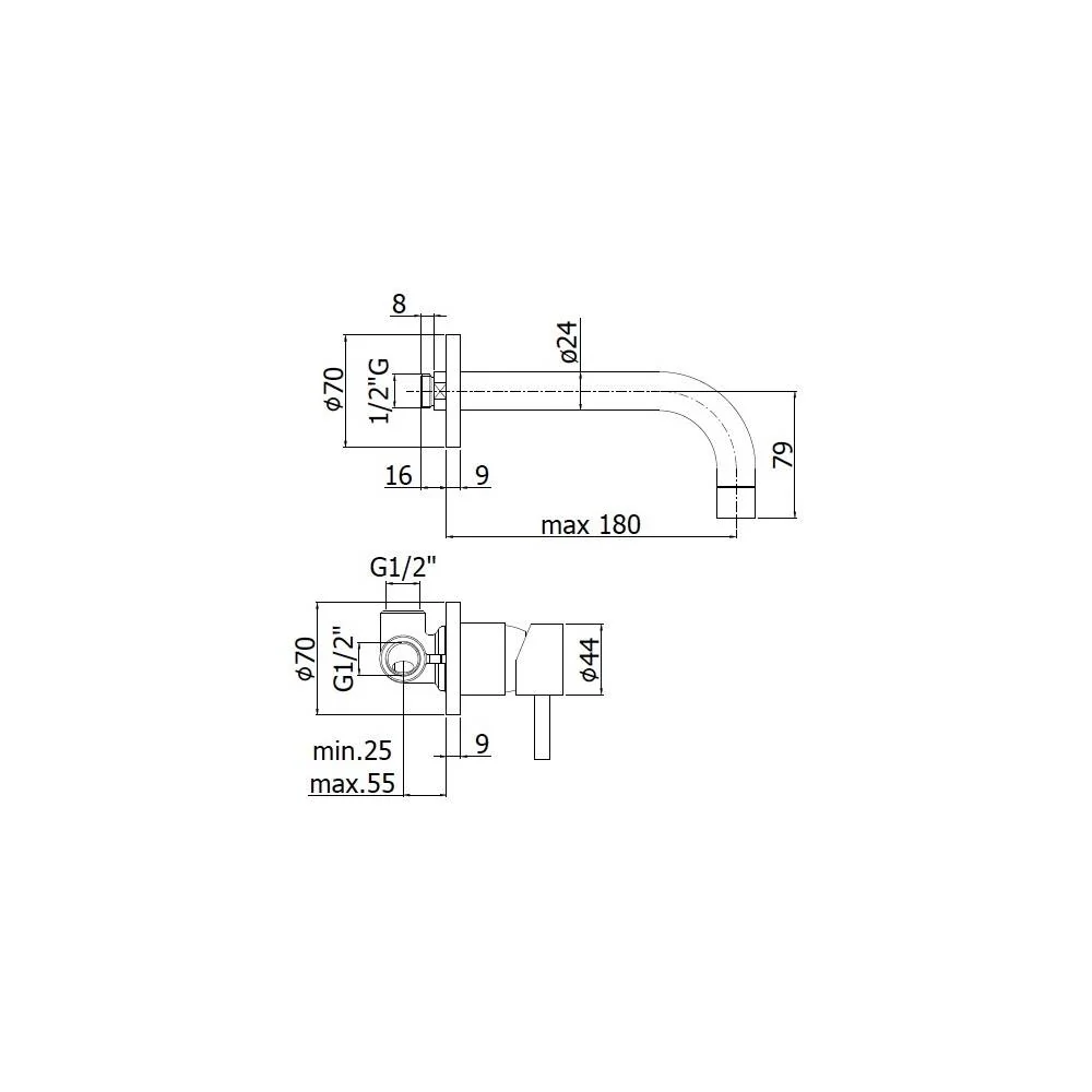 Mezclador de lavabo de pared serie Stick modelo SK006ST70 aspecto acero Paffoni