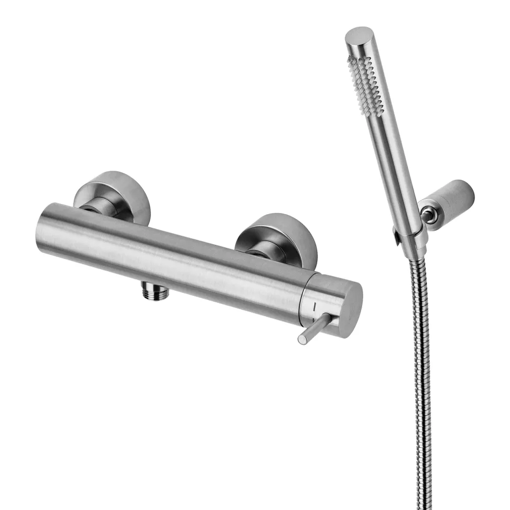 Miscelatore doccia esterno con supporto muro e doccetta Paffoni Light Acero Looking