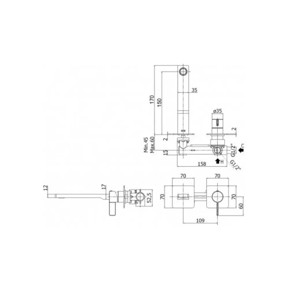 Miscelatore lavabo parete serie Rock modello RO105ST70 inoxidable looking Paffoni