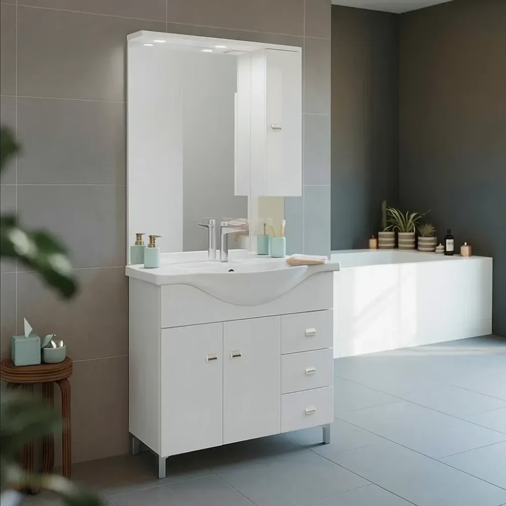 Mobile bagno con lavabo e specchio bianco lucido cm 86