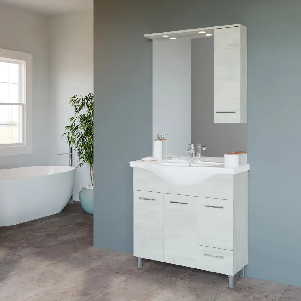 Mobile bagno global di lavabo e specchio con pensile cm 85 Rovere Bianco Beach2
