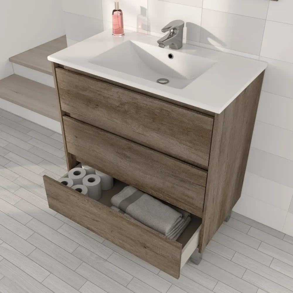 Mobile bagno Shibumi melaminico 3 cassetti con lavabo e specchio con Resistencia al Agua