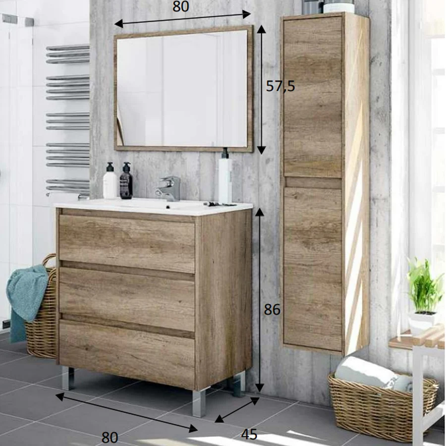 Mobile bagno Shibumi melaminico 3 cassetti con lavabo e specchio con Resistencia al Agua