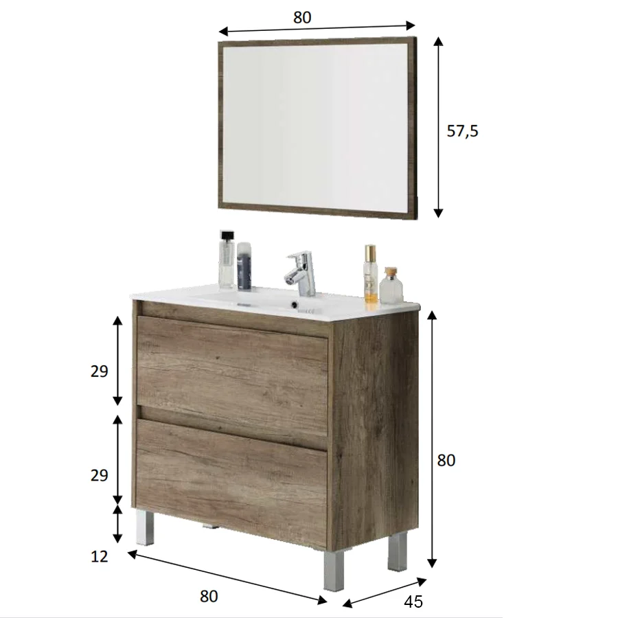 Mobile bagno Shibumi melaminico 2 cassetti specchio e lavabo