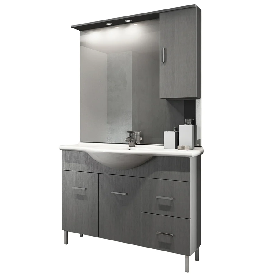 Mobile bagno terra con due ante, lavabo ceramica, specchio e pensile modello Jour cm 105 nobilitato larice grigio