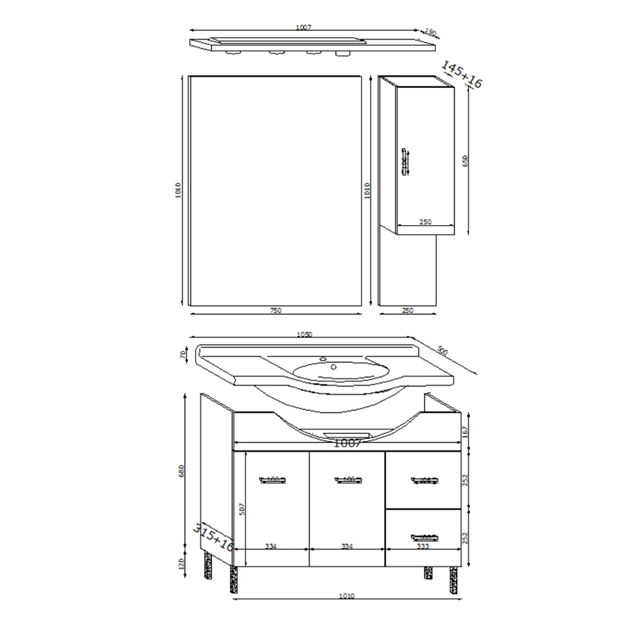 Mobile bagno terra con due ante, lavabo ceramica, specchio e pensile modello Jour cm 105 nobilitato larice grigio