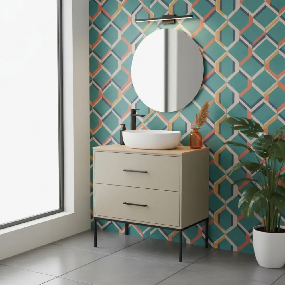 Mobile Sospeso 2 Cassetti 80 CM colore Tortora con lavabo e specchio tondo da 60 CM Venus