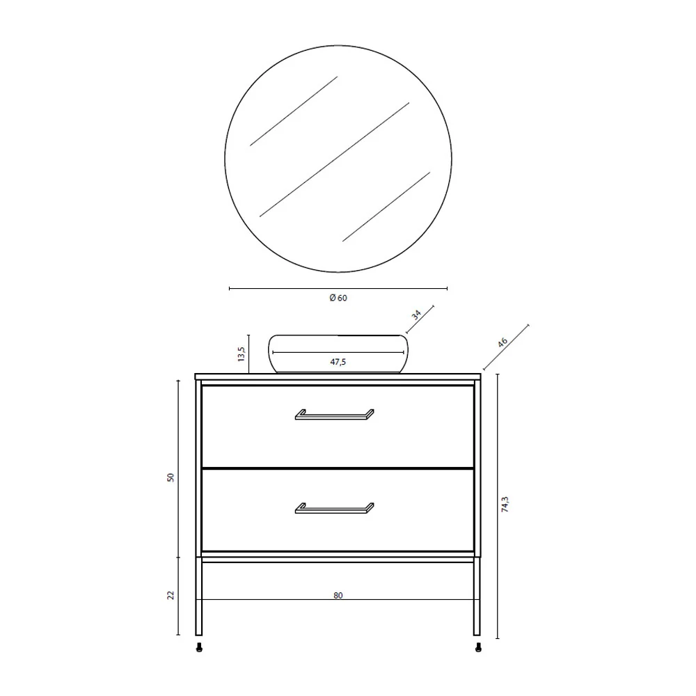 Mobile Sospeso 2 Cassetti 80 CM colore Tortora con lavabo e specchio tondo da 60 CM Venus