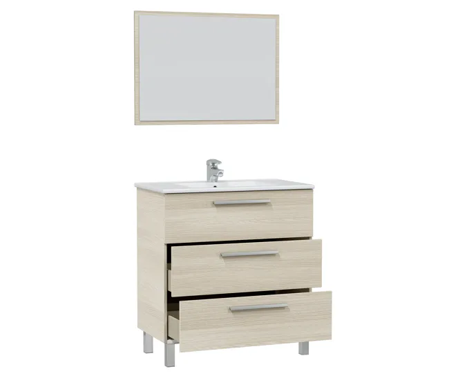Mueble baño Alise 3 cajones espejo, sin lavabo, Roble para Ahorrar Espacio