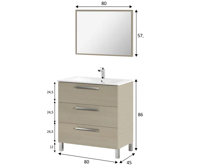 Mueble baño Alise 3 cajones espejo, sin lavabo, Roble para Ahorrar Espacio