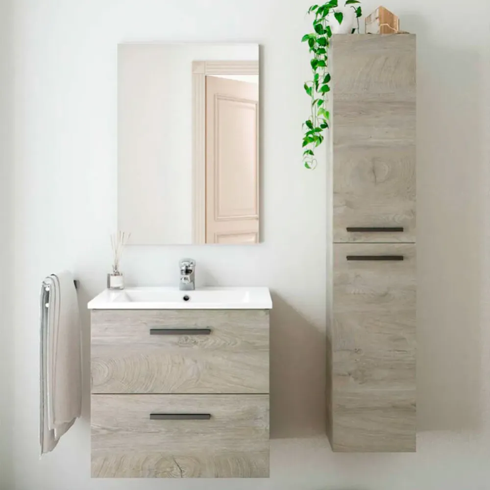 Mueble de baño Athena 2 cajones + espejo roble 60 cm (Resistente la Corrosión)