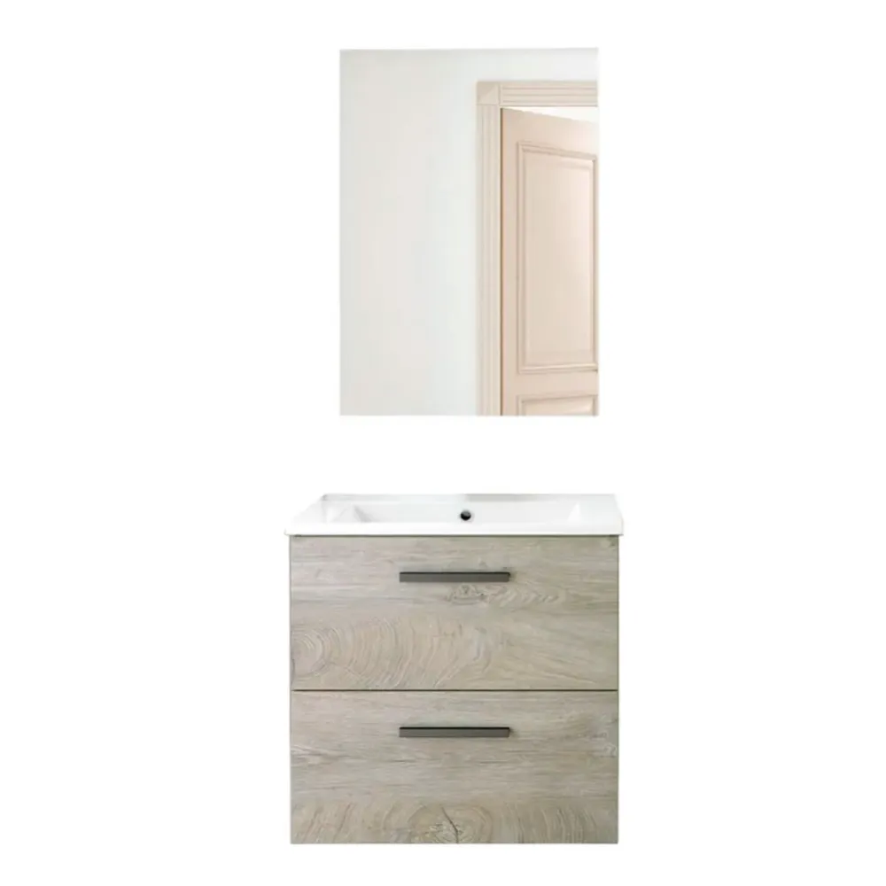 Mueble de baño Athena 2 cajones + espejo roble 60 cm (Resistente la Corrosión)