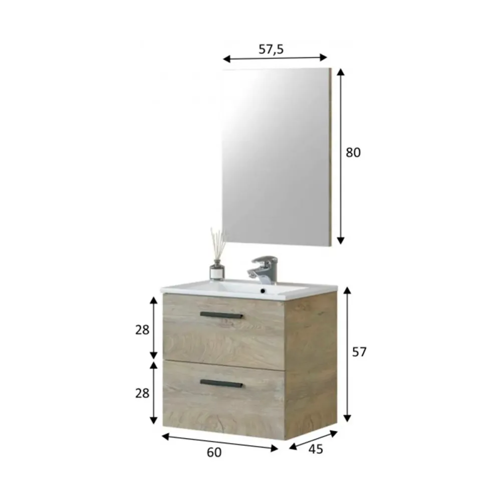 Mueble de baño Athena 2 cajones + espejo roble 60 cm (Resistente la Corrosión)