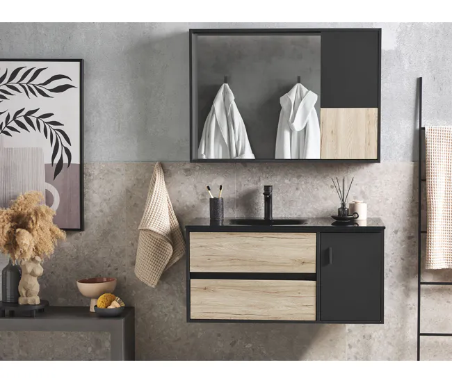 Mueble de baño con espejo madera clara/negro 100 cm TERUEL