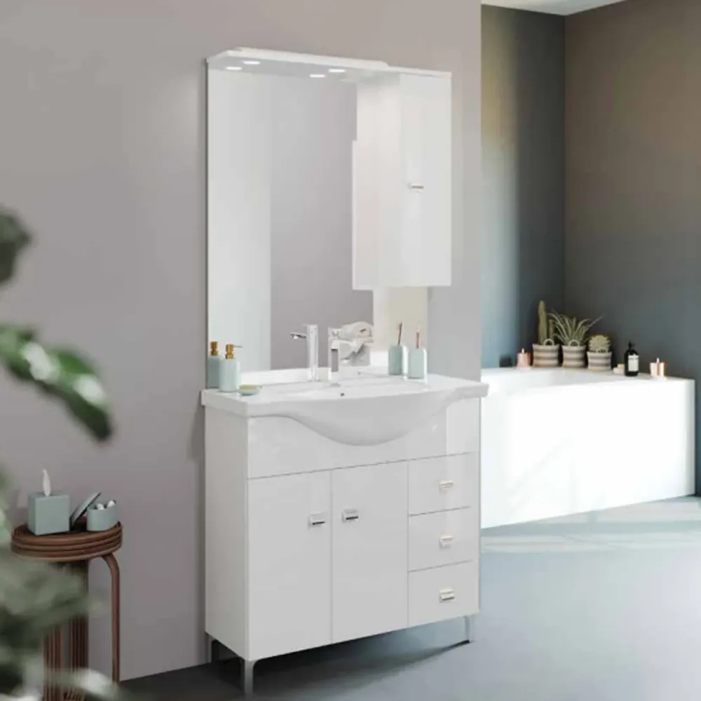 Mueble de baño móvil con lavabo y espejo blanco reluciente cm 86 con Ventosa