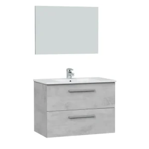 Mueble baño suspendido Axel 2 cajones, espejo y lavabo, Cemento