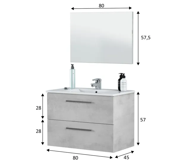 Mueble baño suspendido Axel 2 cajones, espejo y lavabo, Cemento