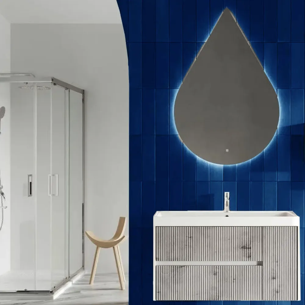 Mueble de baño suspendido canelado con lavabo y espejo en forma de gota cm 100 color gris antiguo - Cubi&Co Colección Genuino