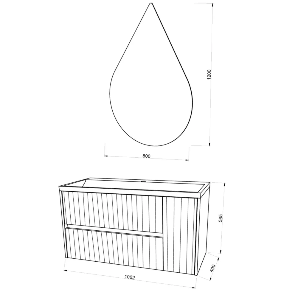 Mueble de baño suspendido canelado con lavabo y espejo en forma de gota cm 100 color gris antiguo - Cubi&Co Colección Genuino