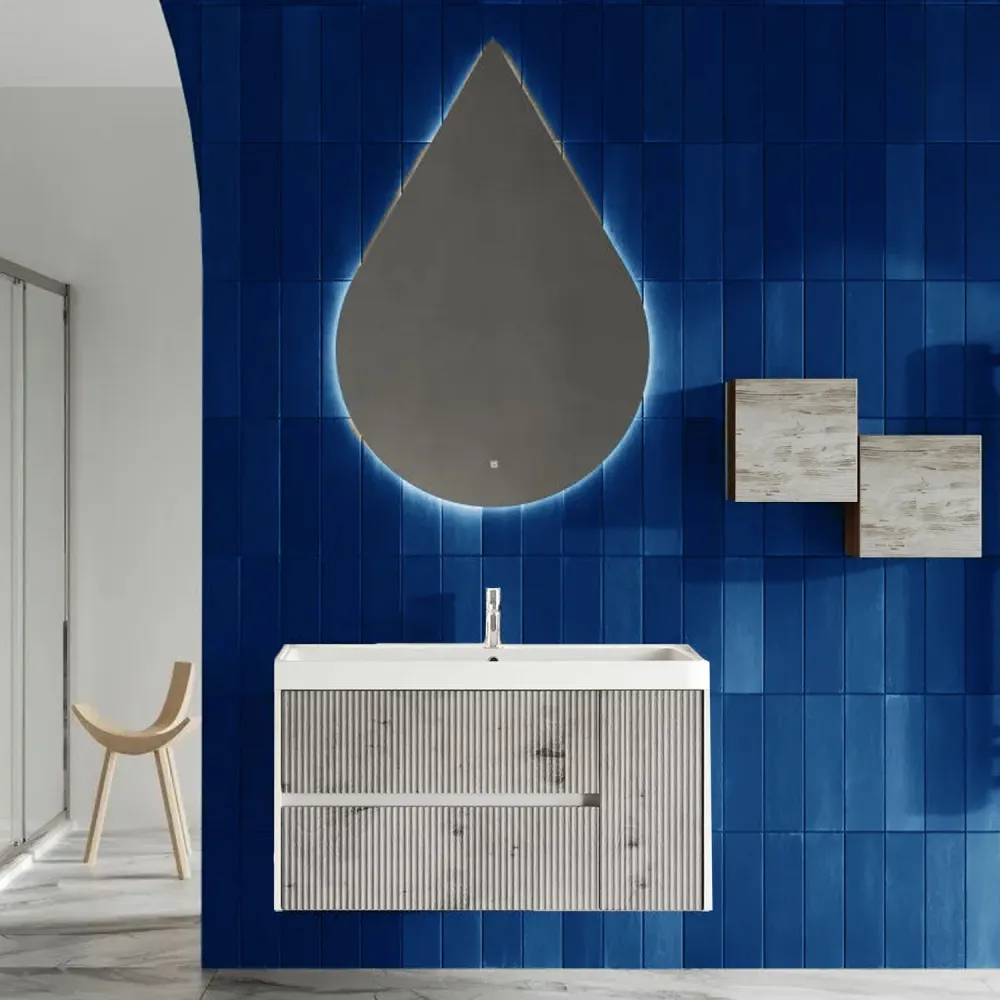 Mueble de baño suspendido canelado con lavabo y espejo en forma de gota cm 100 color gris antiguo - Cubi&Co Colección Genuino